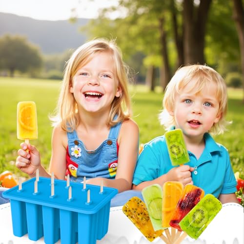 Image of 10-Cav Popsicle Molds, Silicone Ice Pop Mold for DIY Frozen Treats | with 10 Reusable Sticks, 50 Wooden Sticks, 50 Storage Bags, Funnel, Brush, Recipe, Make Healthy Pops, Smoothies, Juice