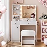 YIKEHOME White Makeup Vanity Desk with Mirror and Lights, Makeup Table with 2 Large Drawers, 3 Color Modes Adjustable Bulb, Power Outlet and Round Holder, Dressing Table for Women Girls Bedroom