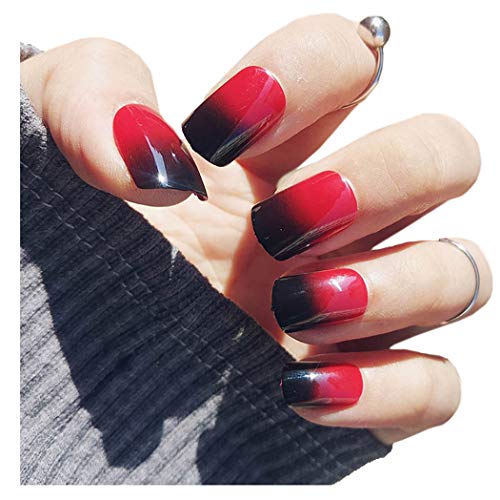 Fstrend False Nails Black Red Gradient Fake Nails Full Cover Simple Party Acrylic Nails for Women and Girls