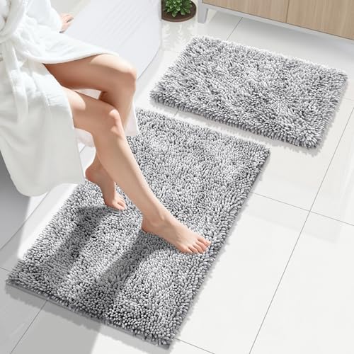 Yimobra Bathroom Rug Set 2 Piece, Luxury Shaggy Bath Mat Set with Non Slip Backing, Ultra Soft & Absorbent Mats for Bathroom Floor, Machine Washable, 31.5'x20'+24'x17', Light Grey
