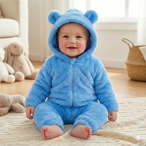 Image of BABYZONE Fluffy Fleece Baby Romper - Hooded Bear Ear Winter Jumpsuit for Boys & Girls