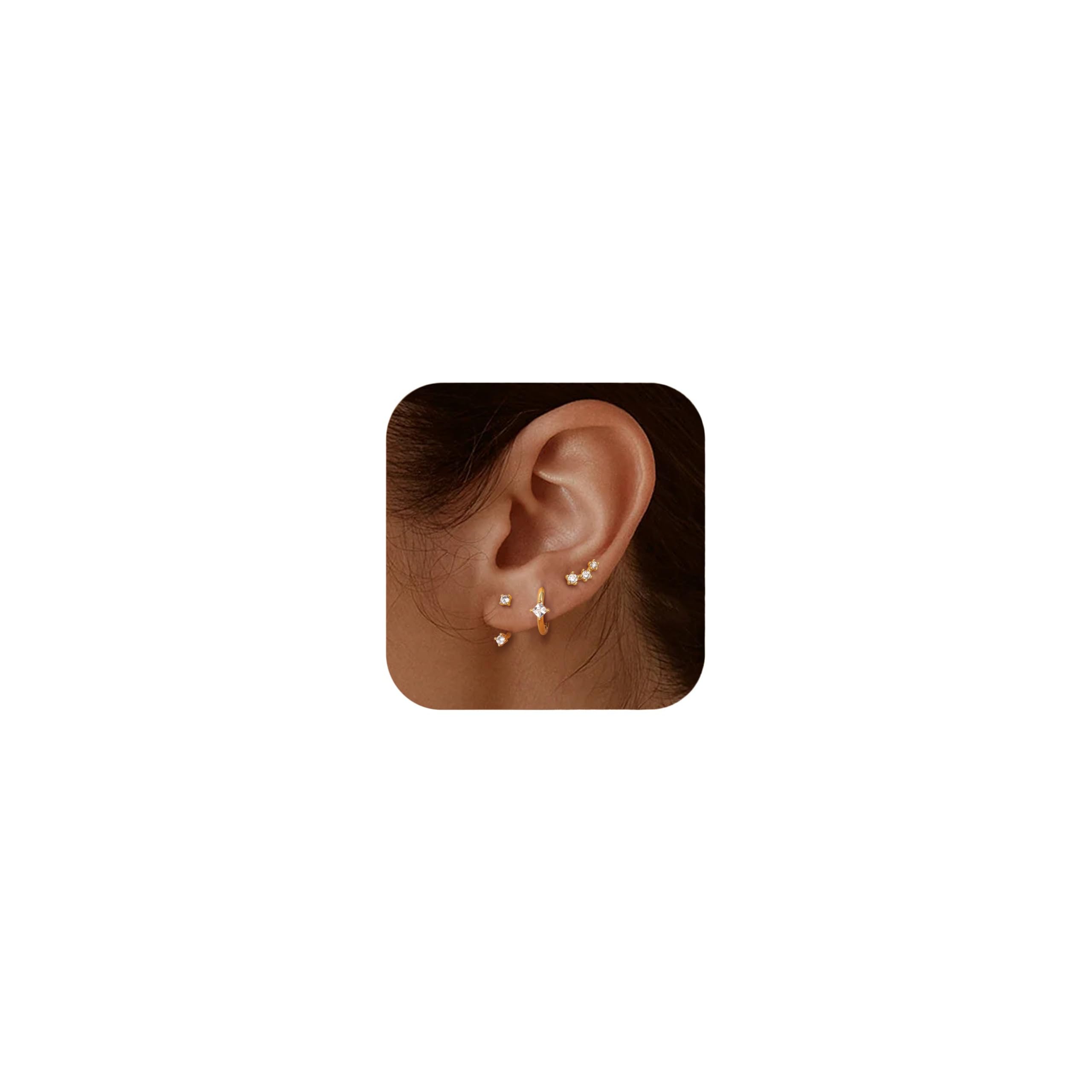 JeweBella 3Pares Pendientes Mujer Plata de Ley 925 Chapada en Oro de 14K Pendientes Pequeños Circonita Pendientes Aro Juego para Múltiples Piercings