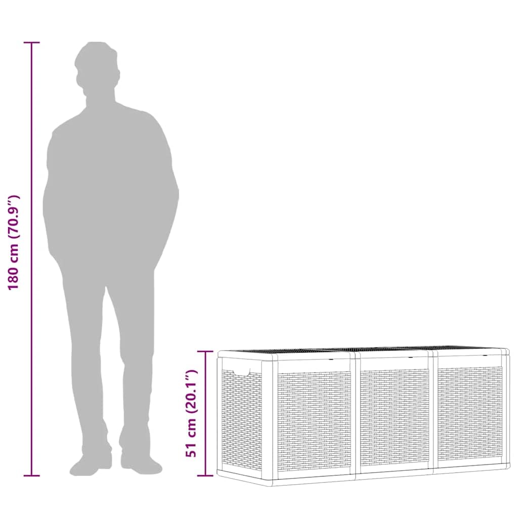 Skrzynka ogrodowa, szara, PP rattan, 270 l, skrzynia z miejscem do przechowywania poduszek i poduszek, odporna na warunki atmosferyczne i promieniowanie UV, na balkon, taras, do użytku na