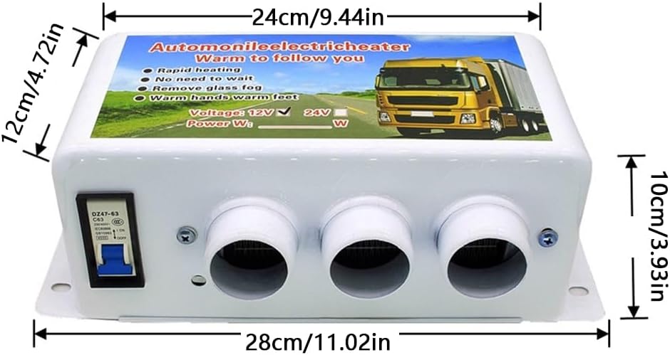 MACHSWON Car Heater, 24V Car Electric Heating Defroster With 3 Air Outlets, 500W-1000W Metal White Car Electric Heater Defroster