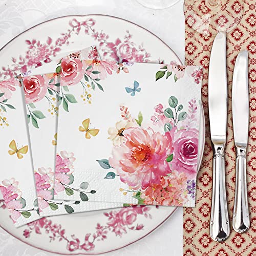 100 Pcs Floral Napkins 3 Ply Flower Dinner Paper Guest Napkins Flowers Disposable Paper Napkins Bathroom Hand Towels For Spring Birthday Baby Shower Wedding Holiday Party (6.5 X 6.5 Inch) #TOP4