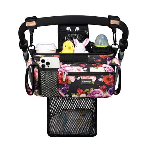 Image of TOPDesign Universal Baby Stroller Organizer, Stroller Caddy with Detachable Mesh Bag & Heightened Insulated Cup Holders & Non-Slip Secure Hooks Accessories, Fits Most Strollers (Ranunculus)