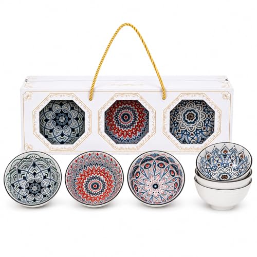 Image of Yelona Handcrafted Ceramic Bowl Set of 6 with Gift Box | 300ml Japanese Boho Mandala Design Bowls | Microwave & Dishwasher Safe Snack, Dessert, Soup & Serving Bowls for Dining & Gifting (Mandala Muse)