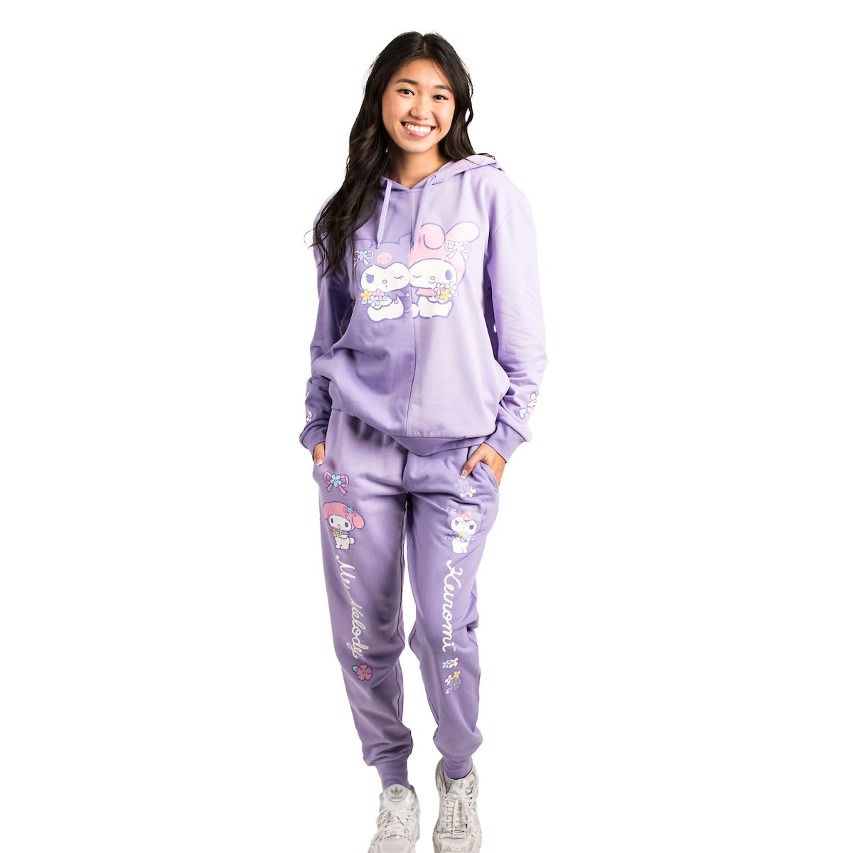 Bioworld Hello Kitty Friends My Melody and Kuromi Womens Lilac Hoodie and Joggers 2-Piece Set