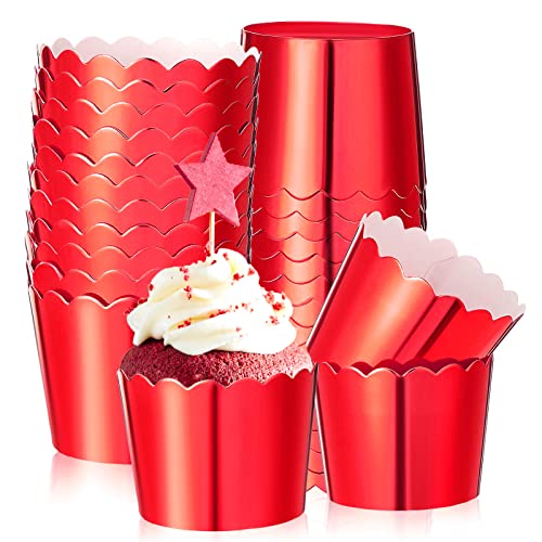100 Pcs Foil Cupcake Liners Sturdy Muffin Baking Cups Cupcake Wrappers For Christmas Wedding Birthday Party Decoration, 1.93 X 1.8 Inch (Red) #TOP10
