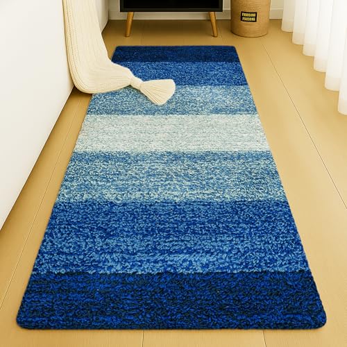Image of Pano Textured Striped Runner Rug 45x130 cm Blue | Anti-Skid, Super Soft & Ultra Absorbent Floor Runner | Quick Dry & Washable Runner for Bathroom, Kitchen, Bedroom & Living Room