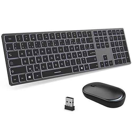 Ensemble Clavier Souris retroeclairé sans Fil Rechargeable, Jelly Comb Clavier AZERTY 2,4G Silencieux pour Windows PC, Ordinateur Portable, Gris