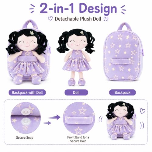Image of Gloveleya Toddler Backpacks Baby Girl Gifts Curly Hair Plush Figures Dress Backpack Kids Backpack Curly Hair Spring Girl - Black Head Purple Star 9''