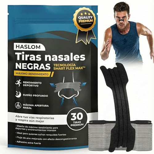 Haslom® 30 TIRAS NASALES Deportivas PREMIUM, Antironquidos, tiras nasales para dormir, respirar mejor por la nariz, Nasal Strips, tiritas nariz respirar, Máxima Adhesión para Deporte y Dormir.