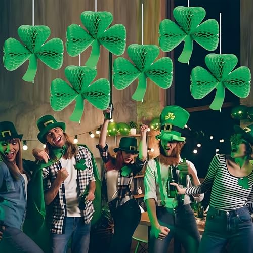 Image of AMYESE Green Shamrock Tissue Honeycomb Pom Poms, St. Patrick's Day Party Decoration Paper Hanging Honeycomb Balls 6pcs 7.3x6.3in for Birthday Graduation Baby Shower, Christmas Spring School DIY Party