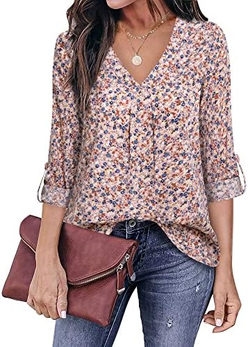 Youtalia Long Sleeve Dress Shirts for Women, Juniors Chiffon Formal Tops 3/4 Sleeve Fall Career Blouses Fashion V Neck Shirts Polyester Printed Tunic Tops Interview Clothes Floral Pink Blue X-Large