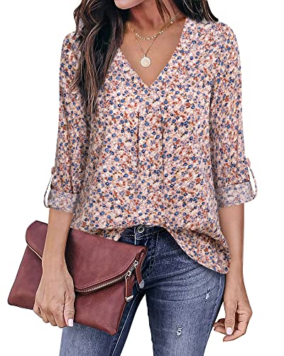Youtalia Long Sleeve Dress Shirts For Women, Juniors Chiffon Formal Tops 3/4 Sleeve Fall Career Blouses Fashion V Neck Shirts Polyester Printed Tunic Tops Interview Clothes Floral Pink Blue X-Large #TOP15