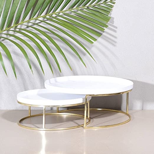 T.R. HANDICRAFTS Metal Cake Stand Multipurpose Steel Cake Server Tabletop Decorative (Pack of 2),White and Gold