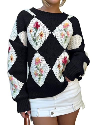 ZAFUL Floral Sweaters for Women Trendy Crew Neck Long Sleeves Knitted Pullover Boho Sweater Chunky Knit Tops