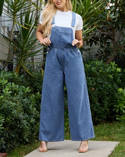Image of luvamia Denim Overalls for Women Wide Leg One Piece Jean Jumpsuits Fashion Baggy Bib Overall Loose Fit Pleated Pockets