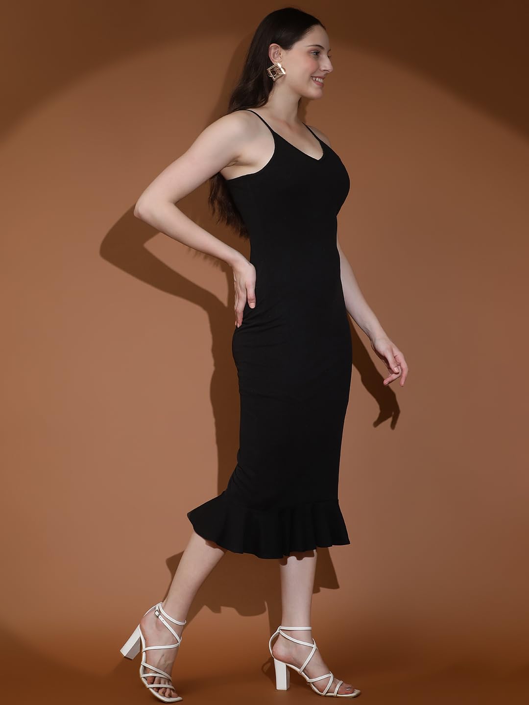 Kotty Women's Shoulder Straps Bodycon Midi Dress(Black,L)