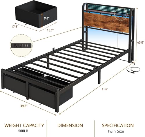 Image of Furnulem Twin Bed Frame with 2 Storage Drawers & Charging Station, Twin Platform Bed Frame with Headboard & LED Lights, No Box Spring Needed, All in One, Easy to Install, Noise Free (500 lbs Capacity)