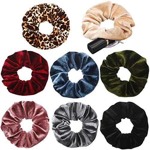 8 Pieces Velvet Pocket Hair Scrunchies Hidden Pocket Hair Ties Elastic Hair Bands with Zipper Pocket Storage for Putting Keys Small Items Women Girls Hair Accessories, 8 Colors
