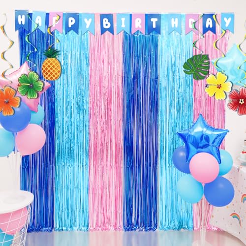 Cartoon Birthday Decorations, 2 Pack Luau Party Photo Booth Props, Blue Pink Fringe Curtains Tinsel Photo Streamers Backdrop for Cartoon Birthday Party Supplies