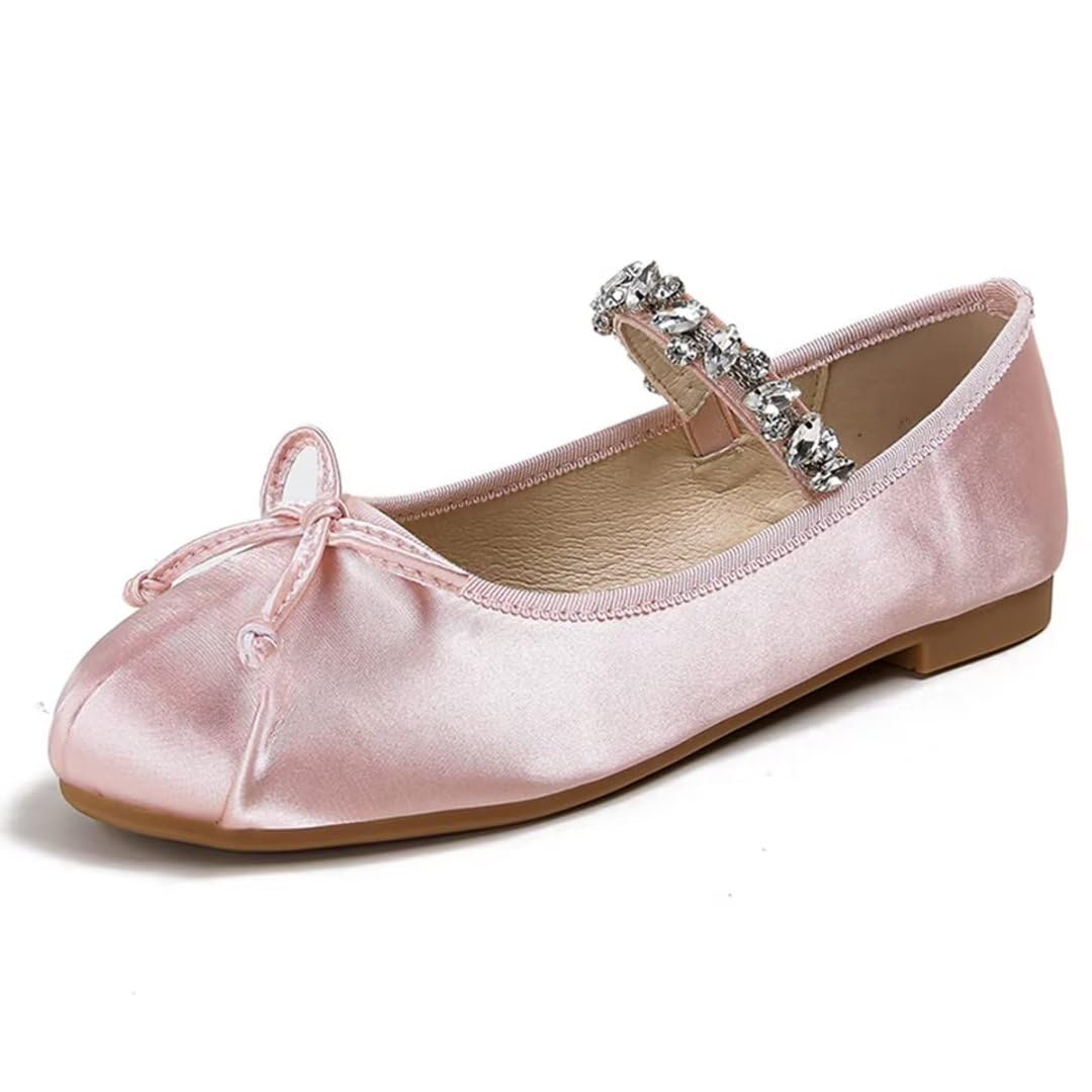 JOEupin Women's Pink Ballet Flats with Bow - Comfortable & Lightweight Shoes | Ballet Flats with Strap | Non-Slip Sole & Cushioned Arch Support