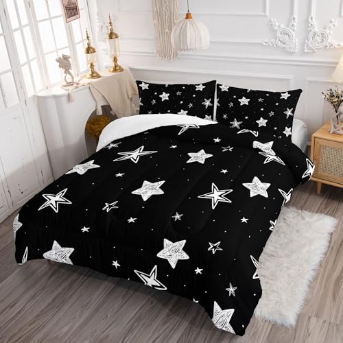 Image of Black and White Stars Comforter Set Starry Printed Bedding Set with 1 Comforter and 2 Pillowcases for Boys and Girls Bedroom All Season(Stars Full)