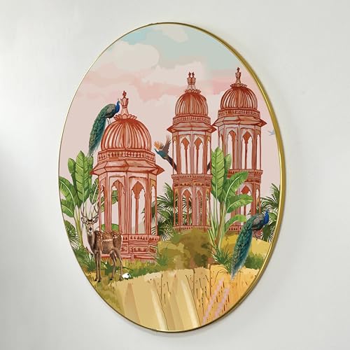 Image of PAINTINGMANTRA Mughal Garden With Peacock Round Large Wall Art Painting for Living Room Decoration, Circular Gold Metal Finish Stylish Large Wall Art Print for Wall Decor (22x22 Inches)