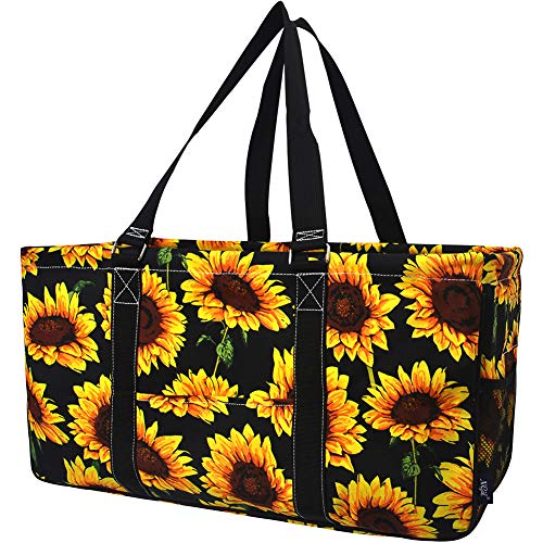 Large fabric utility tote with a sunflower print, shown with its collapsible internal frame