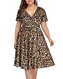 Lepord Print Dress Plus Size Wrap Midi Short Sleeve Casual Summer V-Neck Wedding Guest Maternity Knit Sun Dress Women Leopard