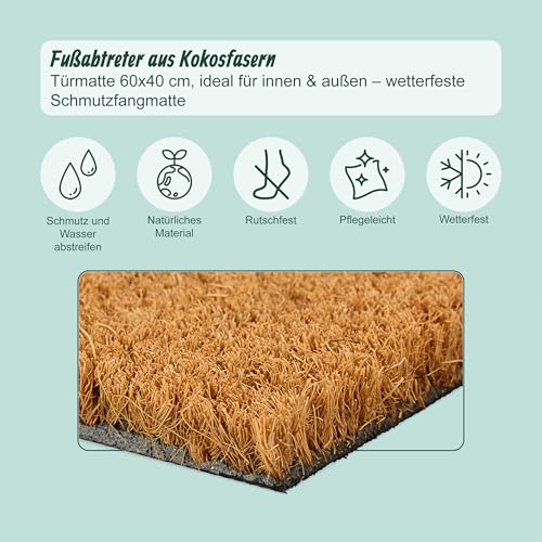 Relaxdays Fußmatte Kokos 60x40, Türvorleger Pfotenabtreter, rutschfest, wetterfest, Fußabstreifer innen & außen, schwarz