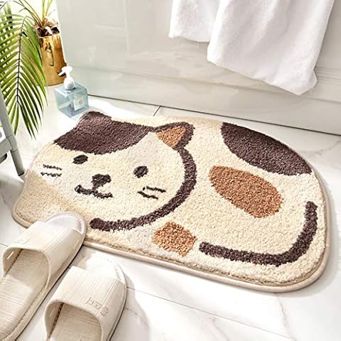 Ankah Shower, Tub, Bath Mat, Bathroom Rug, Non-Slip, Absorbent, Soft Mat for Bathroom, Adorable Design Cat-Picture Bath Mat Door Mat Dry Carpet, 18" x 26", Beige Cover