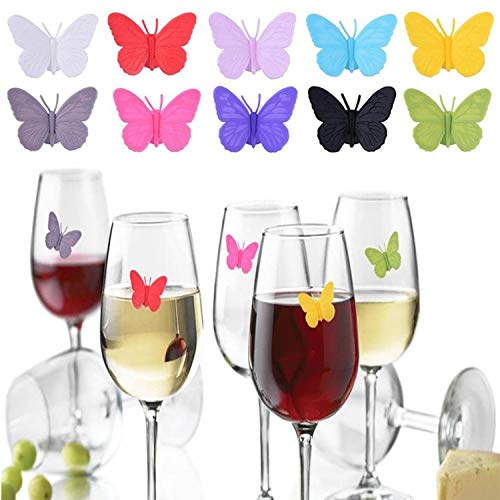 YouU 10 Piezas de Marcadores de Copa de Vino Mariposa Surtida de Silicona Bebida Encantos de Vidrio y Etiquetas de Encanto de Vino con Ventosa