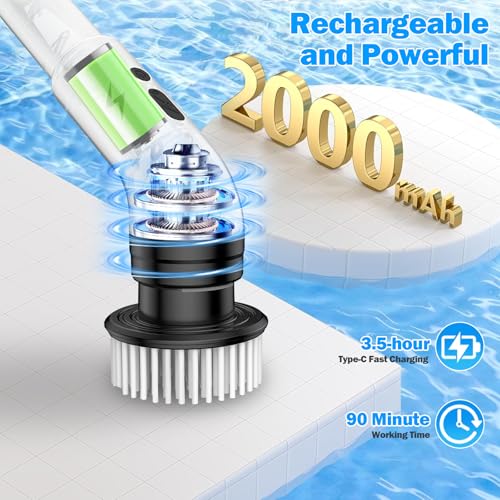 Image of Electric Spin Scrubber, IPX7 Waterproof Floor Shower Scrubber with 9 Replaceable Brush Heads, 3 Speeds Cordless Bathroom Scrubber with Adjustable Handle for Bathroom, Tub, Tile, Floor, Kitchen