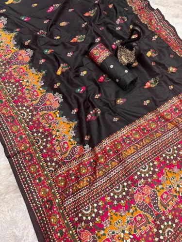 Image of SWORNOF Women's kanjivaram banarasi silk saree for Patola festival Wedding silk with rich pallu Design sarees for women with blouse piece