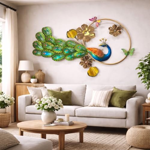 Image of SHREE 'O' GREEN TECH - Handcrafted Metal Big Golden Peacock Wall Art Leaf Frame Showpiece Multicolor Decor for Home, Living Room, Drawing Room & Bedroom Decor (Size 41x25 Inch)
