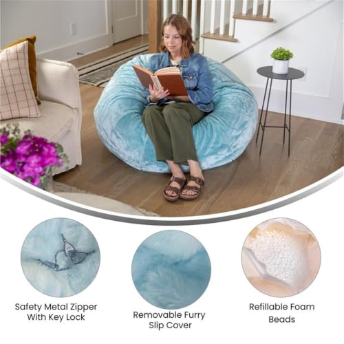 Pemberly Row Oversized Furry Bean Bag Chair, 42"W x 42"D x 19"H, Teal Cotton Twill Upholstery, Refillable Polystyrene Beads, Portable Lightweight Design, Machine Washable Slipcover, Seating for All - Image 7