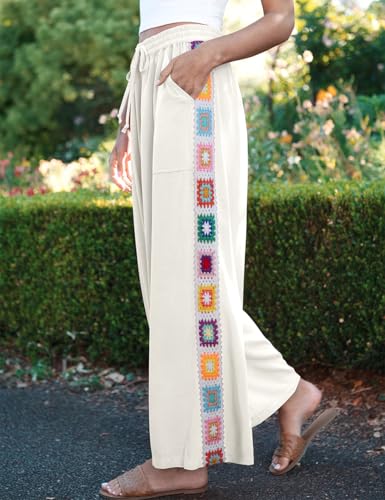 Image of TARSE Womens Wide Leg Linen Pants Summer Casual Drawstring Loose Lounge Palazzo Crochet Panel Pant with Pocket