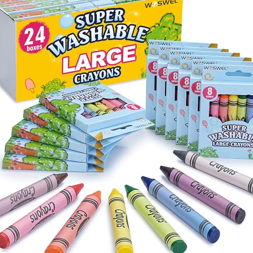 WOSWEL Super Washable Jumbo Crayons Bulk 24 Pack Crayons with 8 Bright Colors Non-Toxic Easy-Grip for Toddlers 1-3 & Kids Ages 4-8 Safe Art Supplies for Coloring Books & School Projects
