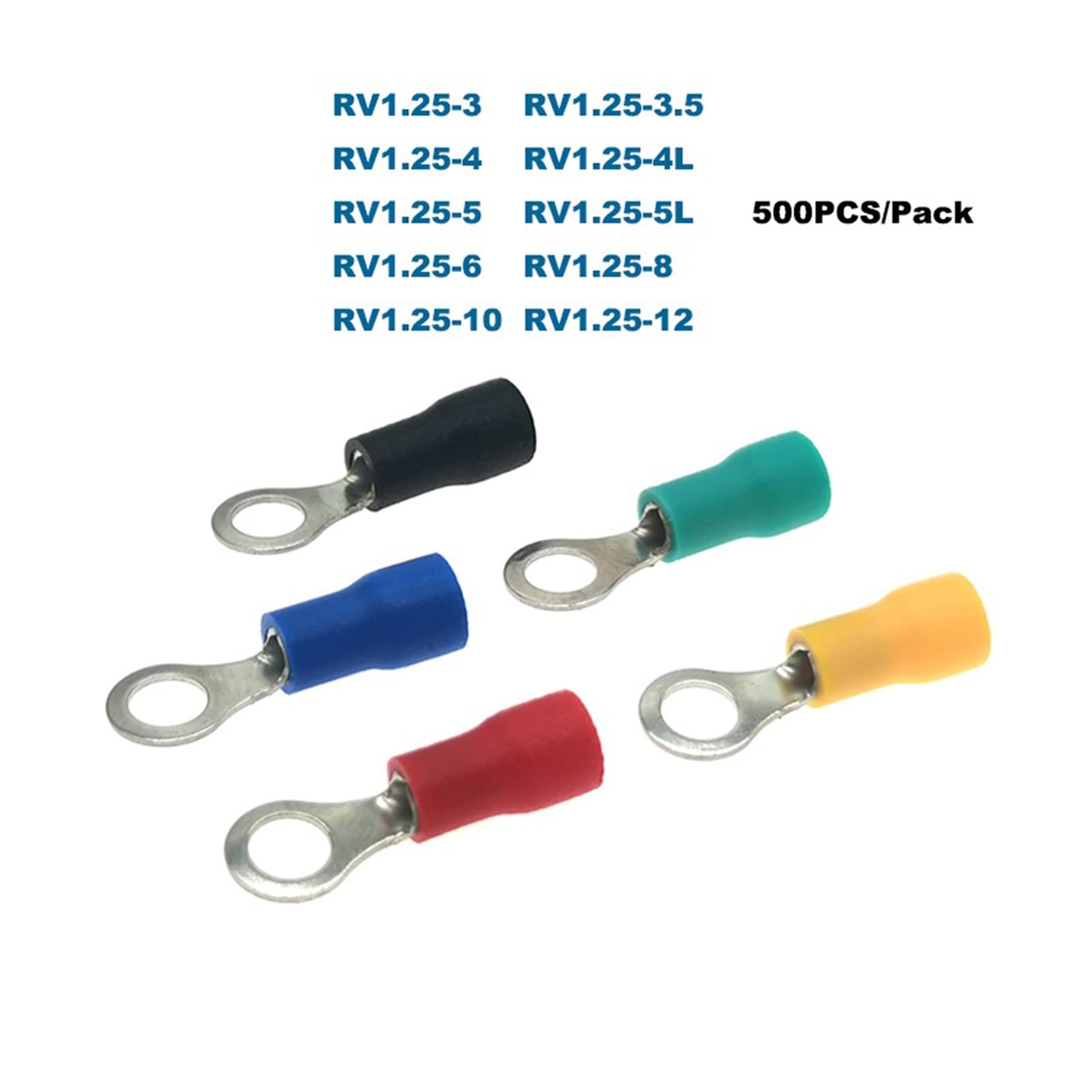 Crimpverbinder, Quetschklemmen, 500 Stück, isolierte elektrische Kabelverbinder, RV1.25-3/4/5/6/8/10/12 Aderendhülsen 22–16 AWG 0,5–1,5 mm² (Farbe: Rot, Stifte: RV1,25–6) (Farbe: Rot)