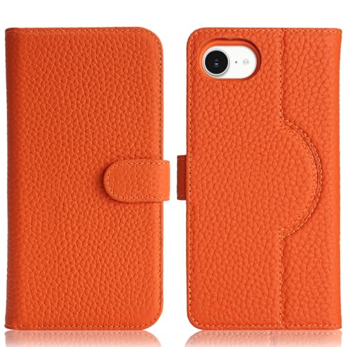 Image of Detachable Genuine Leather Case for iPhone 16e / iPhone 17e Wallet Case Magnetic 2in1 Removable Flip Cover Book Purse Compatible with Magsafe Charging Kickstand Card Holder-Orange
