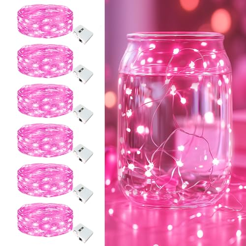 Image of 6 Pack Fairy Lights Battery Operated - 7ft 20 Led Twinkle Lights 3 Modes, Bulk Mini String Light Waterproof for Mason Jars Vases DIY Party Wedding Decoration Mothers Day- Pink
