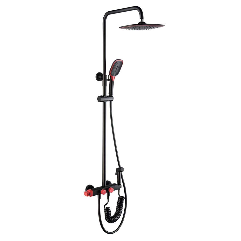 Sistema Doccia a Pioggia, Set Miscelatore Nero e Rosso, Rubinetto per Vasca a Parete con soffione, doccetta per Vasca, Bidet e doccetta combinata