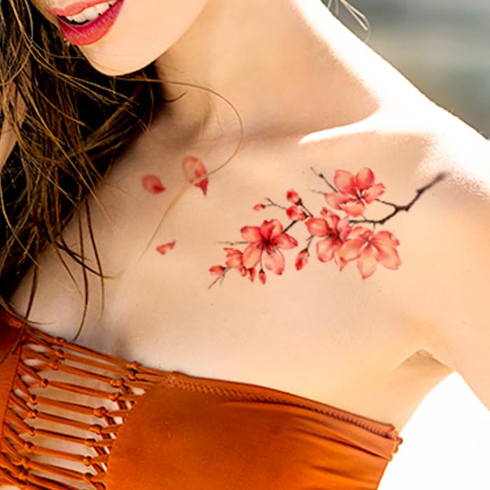 Miniatura 4 de 3 unids melocotón flor clavícula tatuaje temporal impermeable flor de cerezo antiguo tatuaje etiqueta engomada