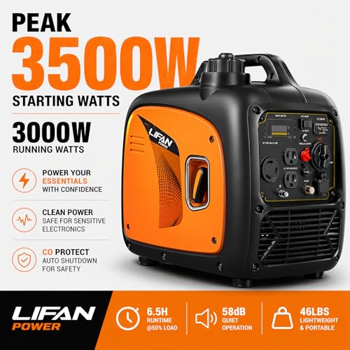 Image of LIFAN 3500W Portable Inverter Generator for Home Backup, Super Quiet Gas Powered Generator for RV Camping Outdoor Use, ECO Mode, EPA Compliant, Parallel Ready with CO-MINDER Safety