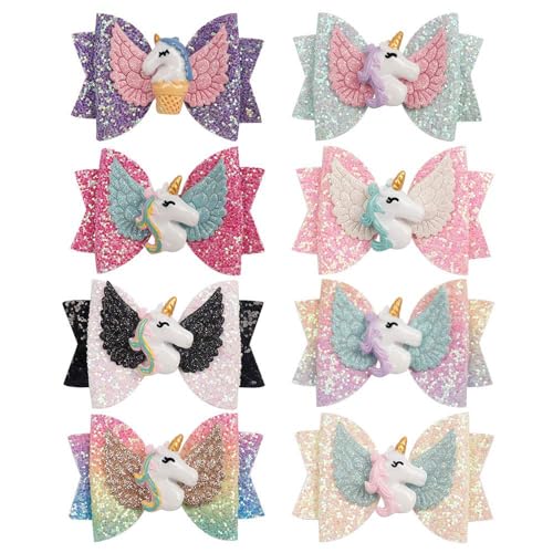 Volepet 8pcs Unicorn Hair Bows, 3 Inch Glitter Grosgrain Ribbon Bows with Alligator Clips for Toddlers