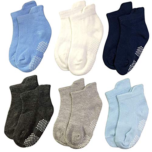 Toddler Ankle Socks Baby Walker Kids Boys Girls Non Slip Anti Skid Cotton Crew Socks with Grip (12-36 Months (Shoe Size 4-9), 6 Pairs Boys Pure Colors)