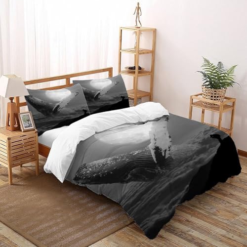 Housse de couette 220x240 cm Blue Baleine microfibre lit adulte 3 pièces sauvage - 3